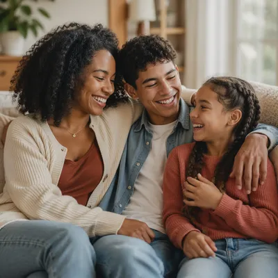 Three Siblings Laughing on Living Room Sofa