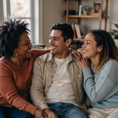 Three Adult Siblings Laughing on Sofa