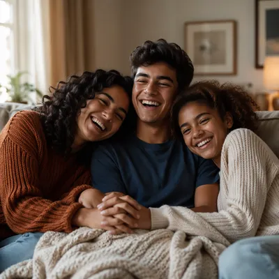 Three Siblings Laughing on Cozy Sofa