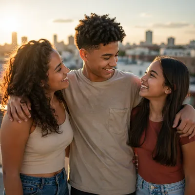 Three Siblings Laughing on Rooftop