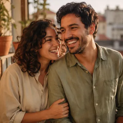 Laughing Adult Siblings on Sunlit Balcony