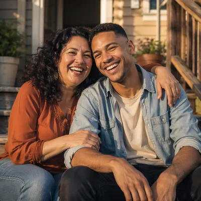 Laughing Adult Siblings on Front Steps