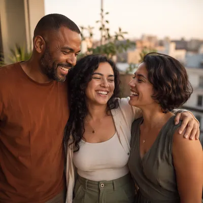 Three Adult Siblings Laughing on Balcony