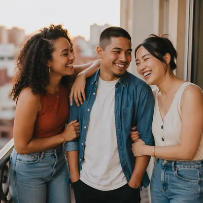 Three Adult Siblings Laughing on Balcony