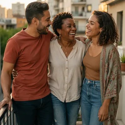 Three Adult Siblings Laughing on Balcony