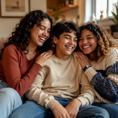 Three Siblings Laughing on Living Room Sofa