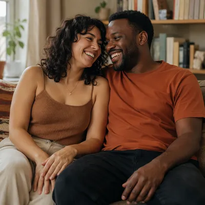Affectionate Adult Siblings Laughing on Sofa