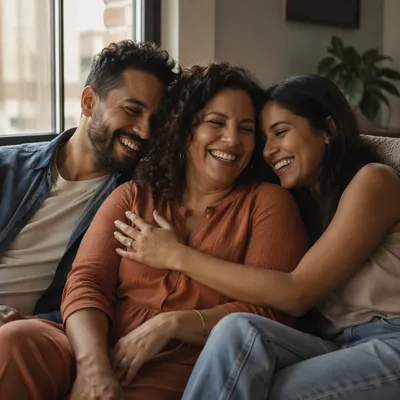 Three Adult Siblings Laughing on Sofa