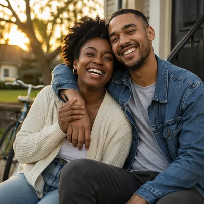Laughing Adult Siblings on Front Steps
