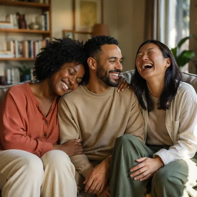 Three Adult Siblings Laughing on Sofa
