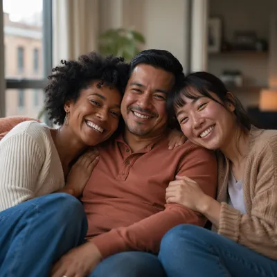 Three Adult Siblings Laughing on Sofa