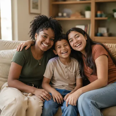 Three Siblings Laughing on Sunlit Sofa