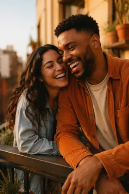 Laughing Adult Siblings on Sunlit Balcony