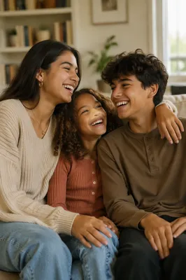 Three Siblings Laughing on Living Room Sofa