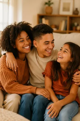 Three Siblings Laughing on Living Room Sofa