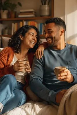 Laughing Adult Siblings on Cozy Sofa