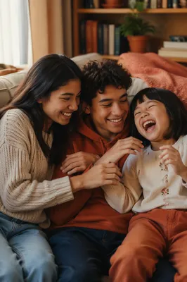 Three Siblings Laughing on Living Room Sofa
