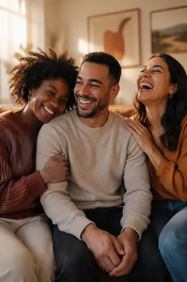 Three Adult Siblings Laughing on Sofa