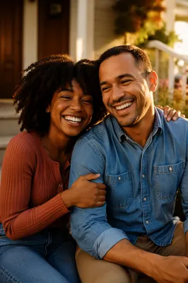 Laughing Adult Siblings on Front Steps