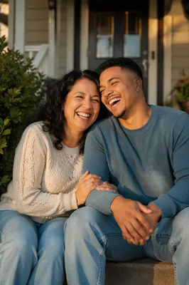 Adult Siblings Laughing on Front Steps