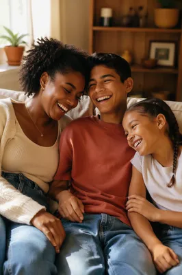 Three Siblings Laughing on Living Room Sofa