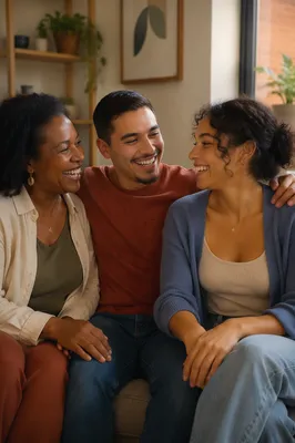 Three Adult Siblings Laughing on Sofa