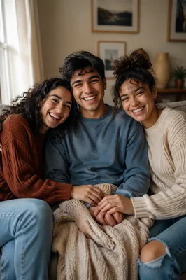 Three Siblings Laughing on Living Room Sofa