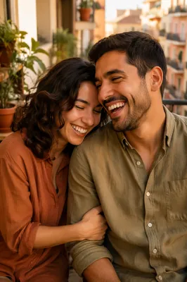 Laughing Adult Siblings on Sunlit Balcony