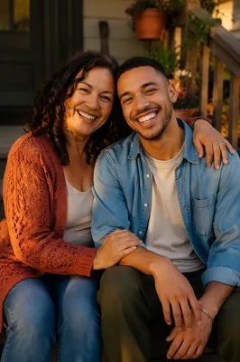 Laughing Adult Siblings on Front Steps