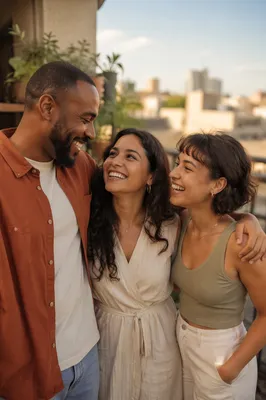 Three Adult Siblings Laughing on Balcony