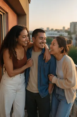 Three Adult Siblings Laughing on Balcony