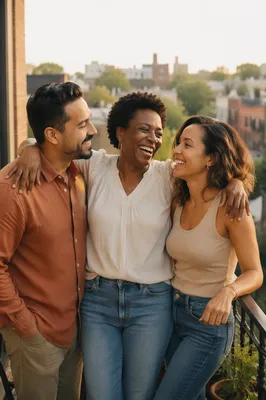 Three Adult Siblings Laughing on Balcony