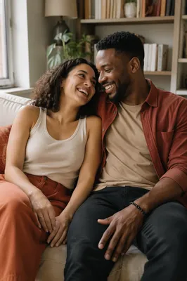 Adult Siblings Laughing on Cozy Sofa