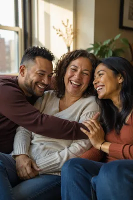Laughing Adult Siblings on Cozy Sofa