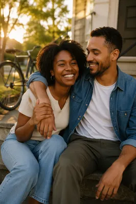 Adult Siblings Laughing on Front Steps