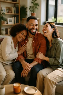 Three Adult Siblings Laughing on Sofa