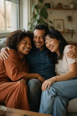 Three Adult Siblings Laughing on Sofa