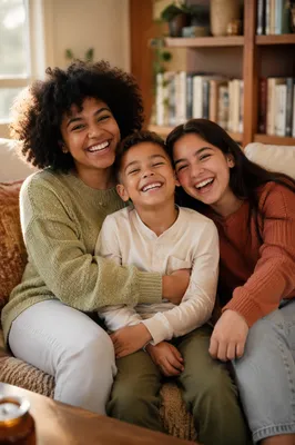 Three Siblings Laughing on Sunlit Sofa