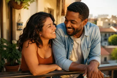 Laughing Adult Siblings on Sunlit Balcony
