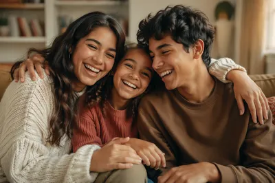 Three Siblings Laughing on Living Room Sofa