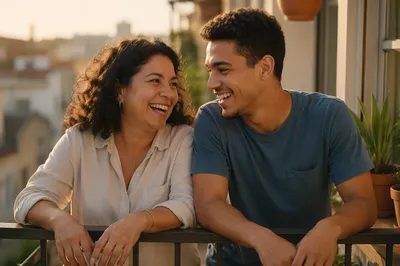 Laughing Adult Siblings on Sunlit Balcony