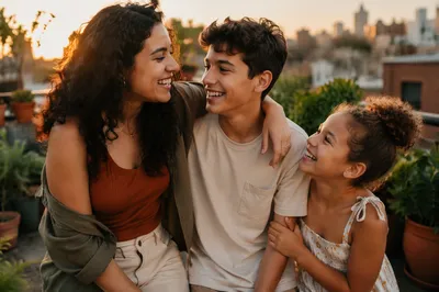 Three Siblings Laughing on Rooftop Garden