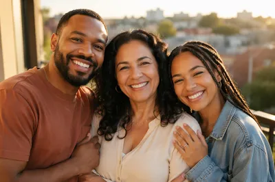 Three Adult Siblings Laughing on Balcony