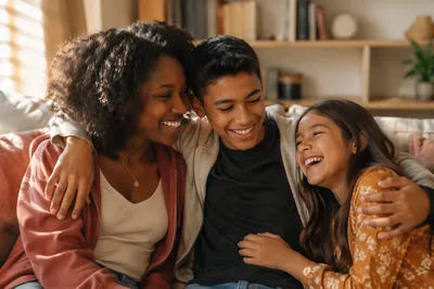 Three Siblings Laughing on Living Room Sofa