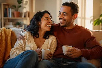 Laughing Adult Siblings on Cozy Sofa