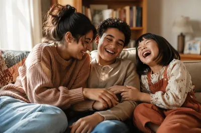Three Siblings Laughing on Living Room Sofa