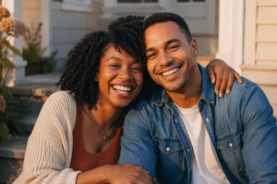 Laughing Adult Siblings on Front Steps