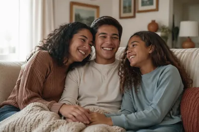 Three Siblings Laughing on Cozy Sofa