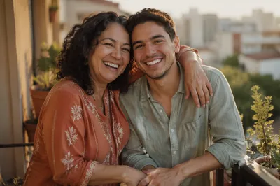 Laughing Adult Siblings on Sunlit Balcony