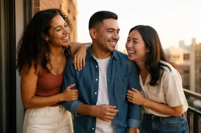 Three Adult Siblings Laughing on Balcony